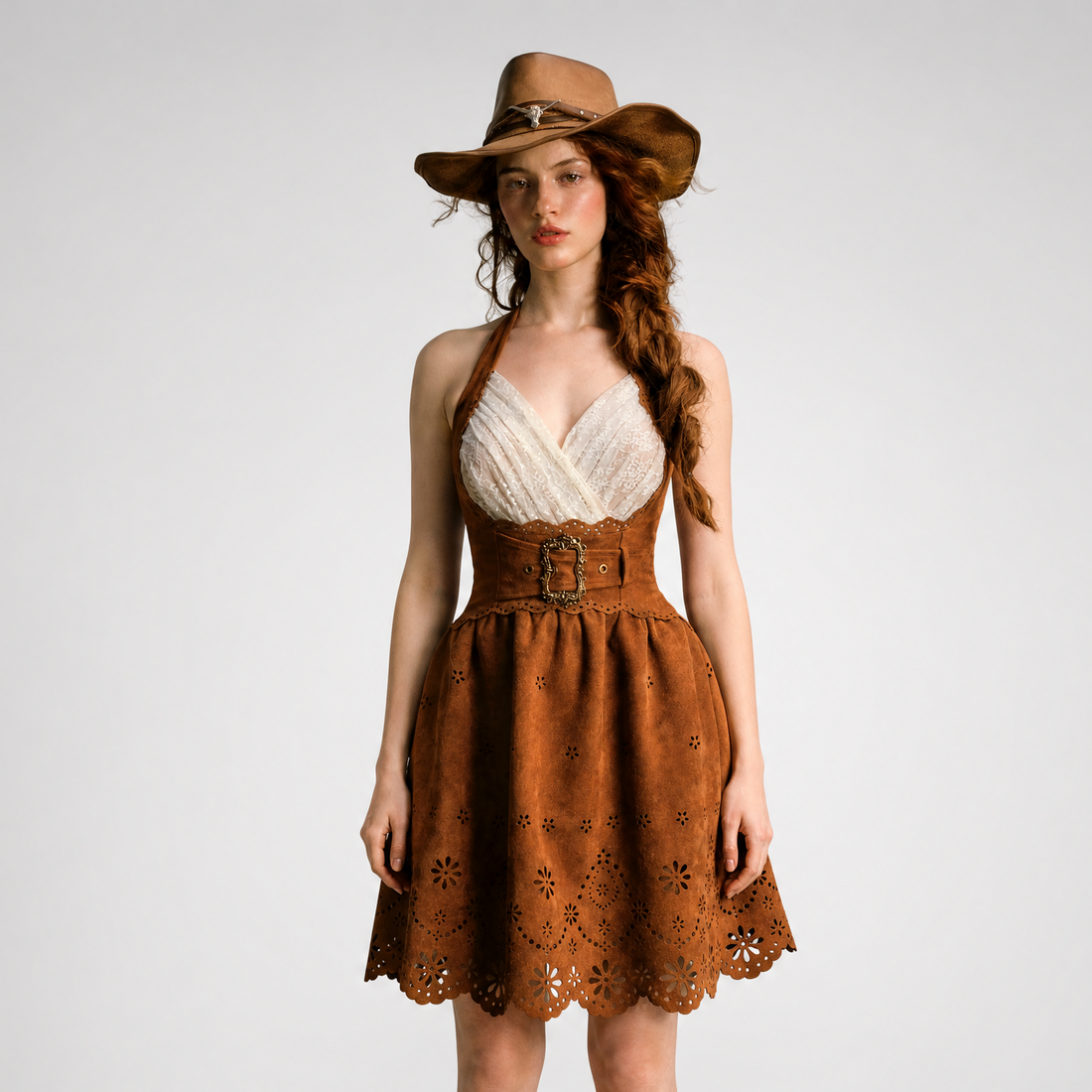 Laser-Cut Suede Lace Dress