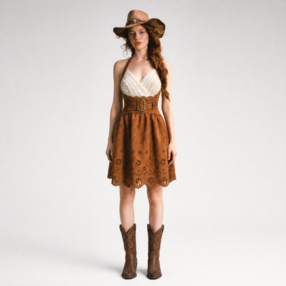 Laser-Cut Suede Lace Dress