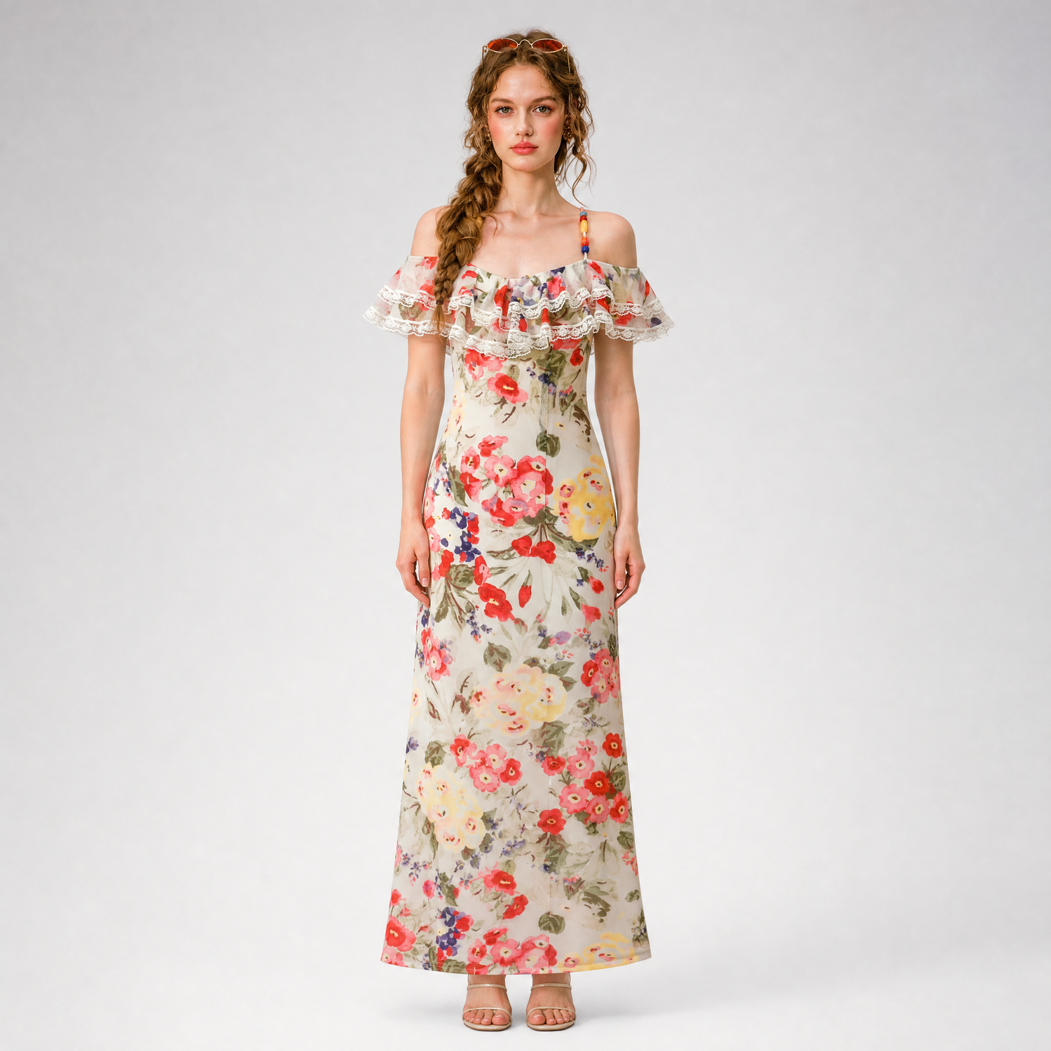 Floral Ruffle Mesh Maxi Dress