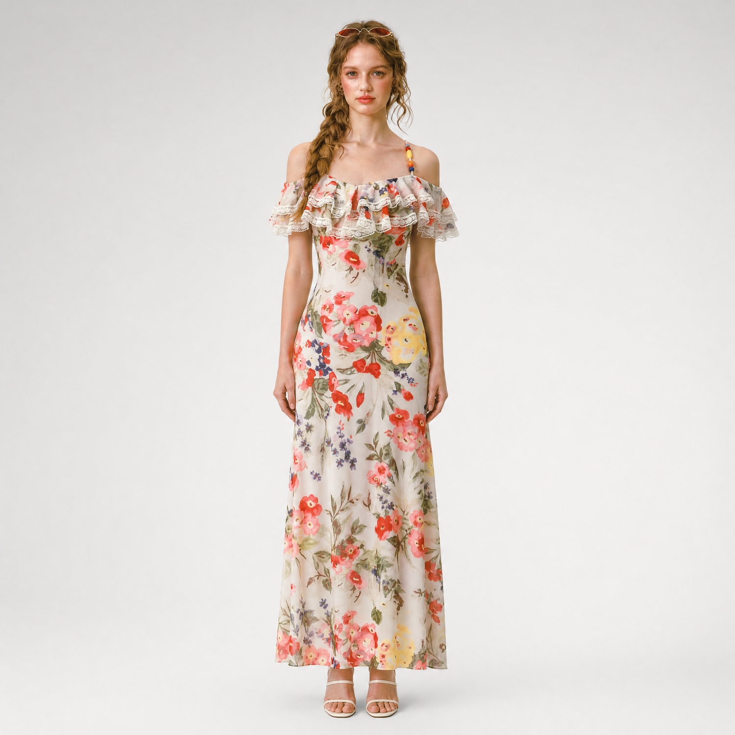 Floral Ruffle Mesh Maxi Dress