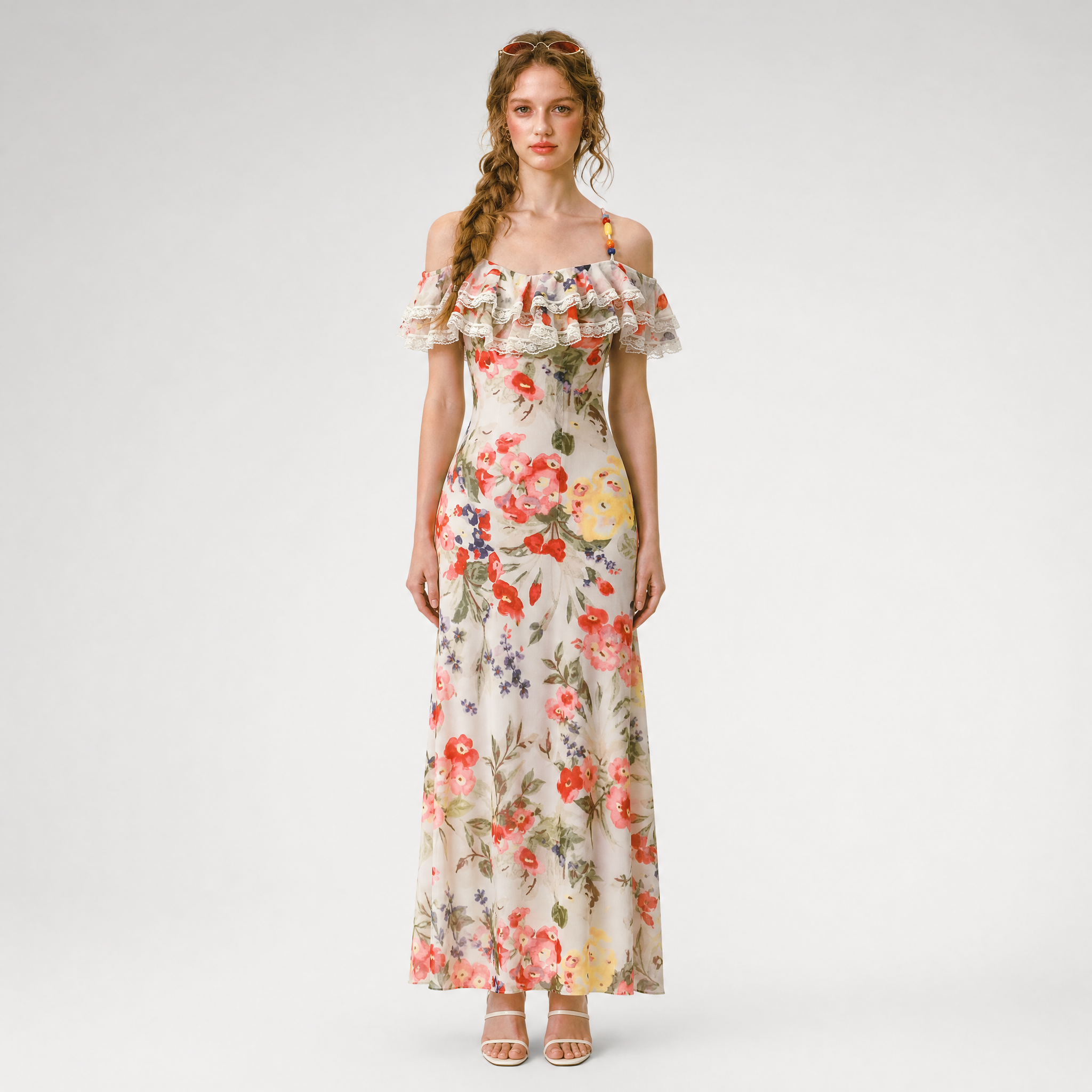 Floral Ruffle Mesh Maxi Dress