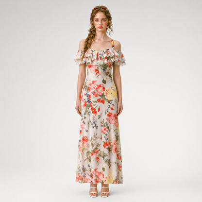 Floral Ruffle Mesh Maxi Dress