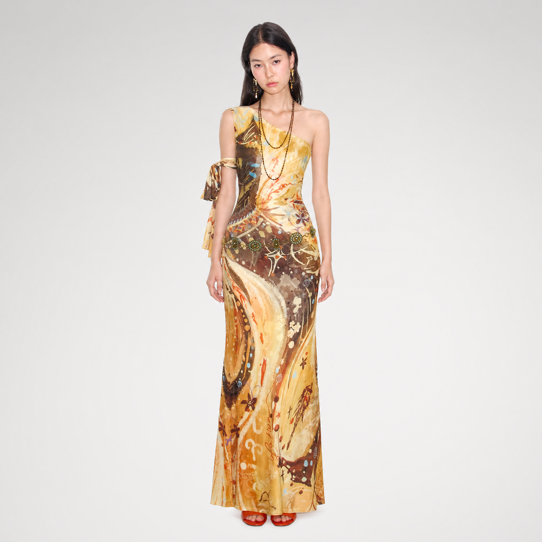 Printed One-Shoulder Fishtail Dress