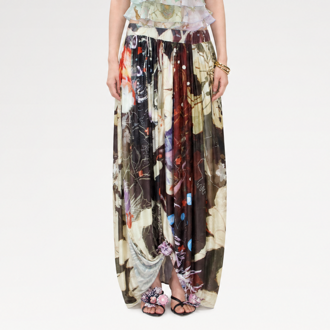 Printed Twist Mesh Long Skirt