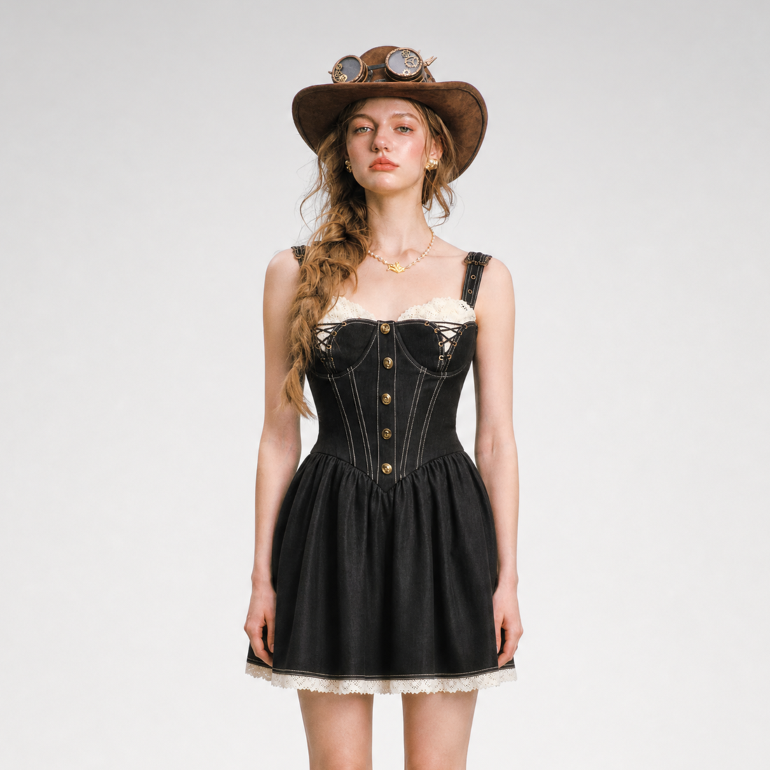 Boned Lace Denim Dress