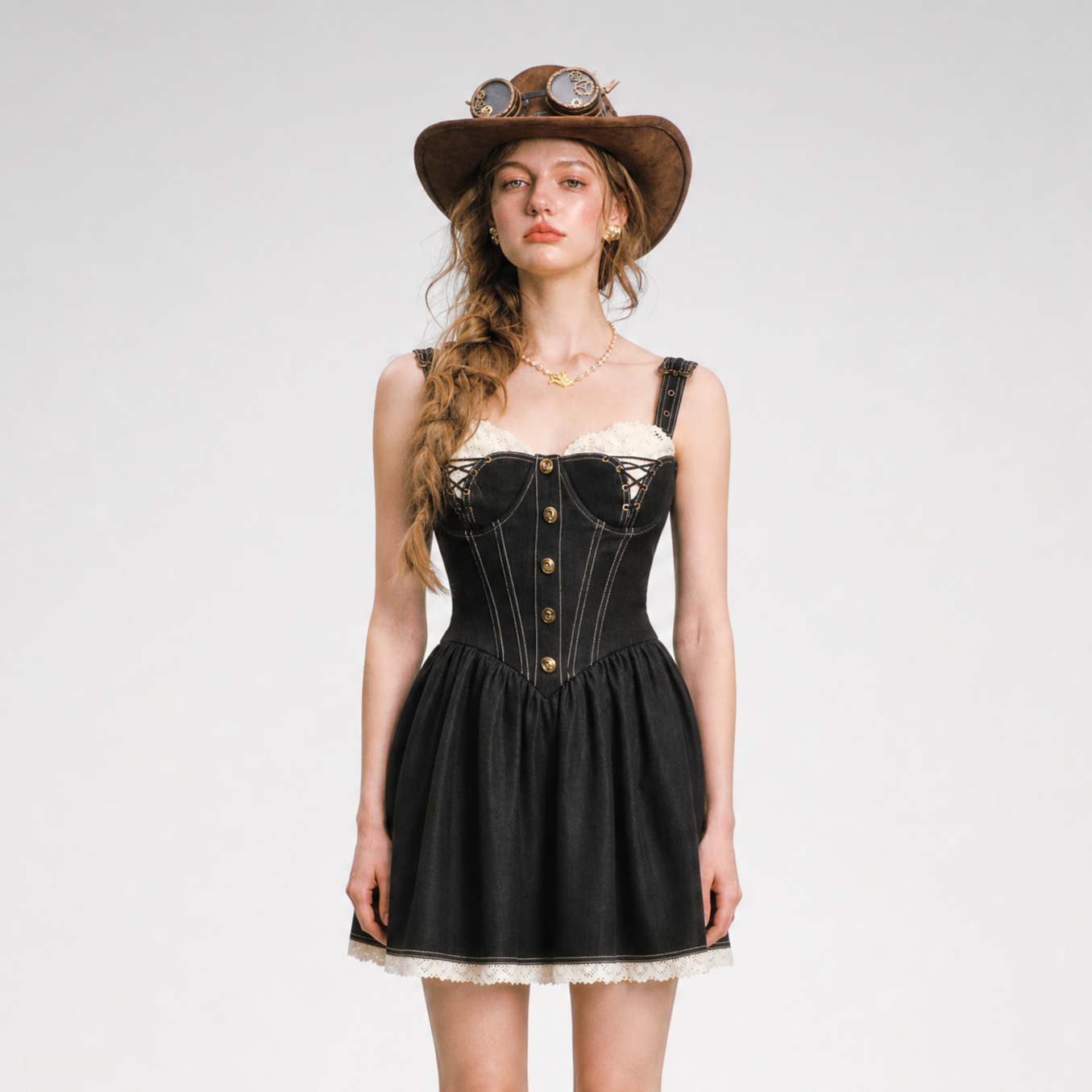 Boned Lace Denim Dress