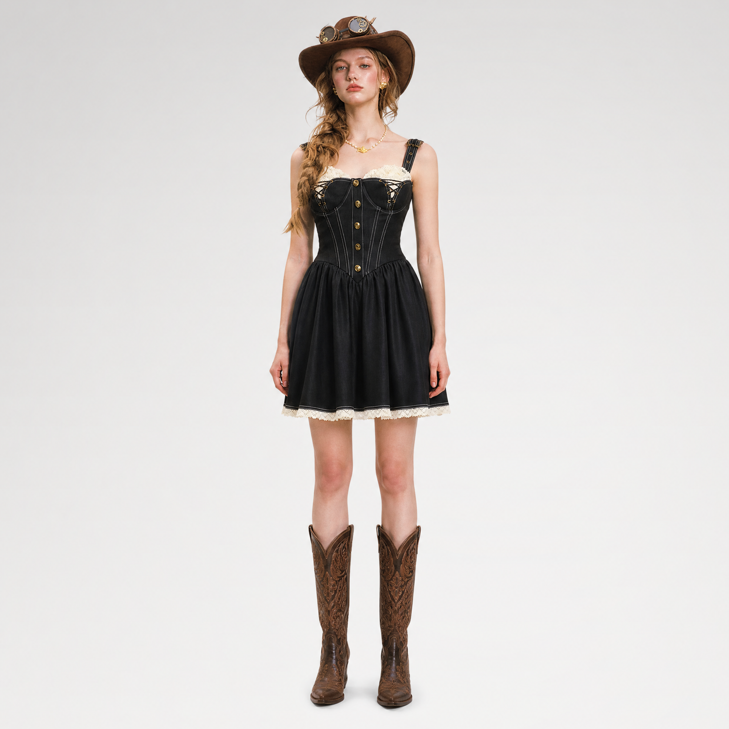 Boned Lace Denim Dress