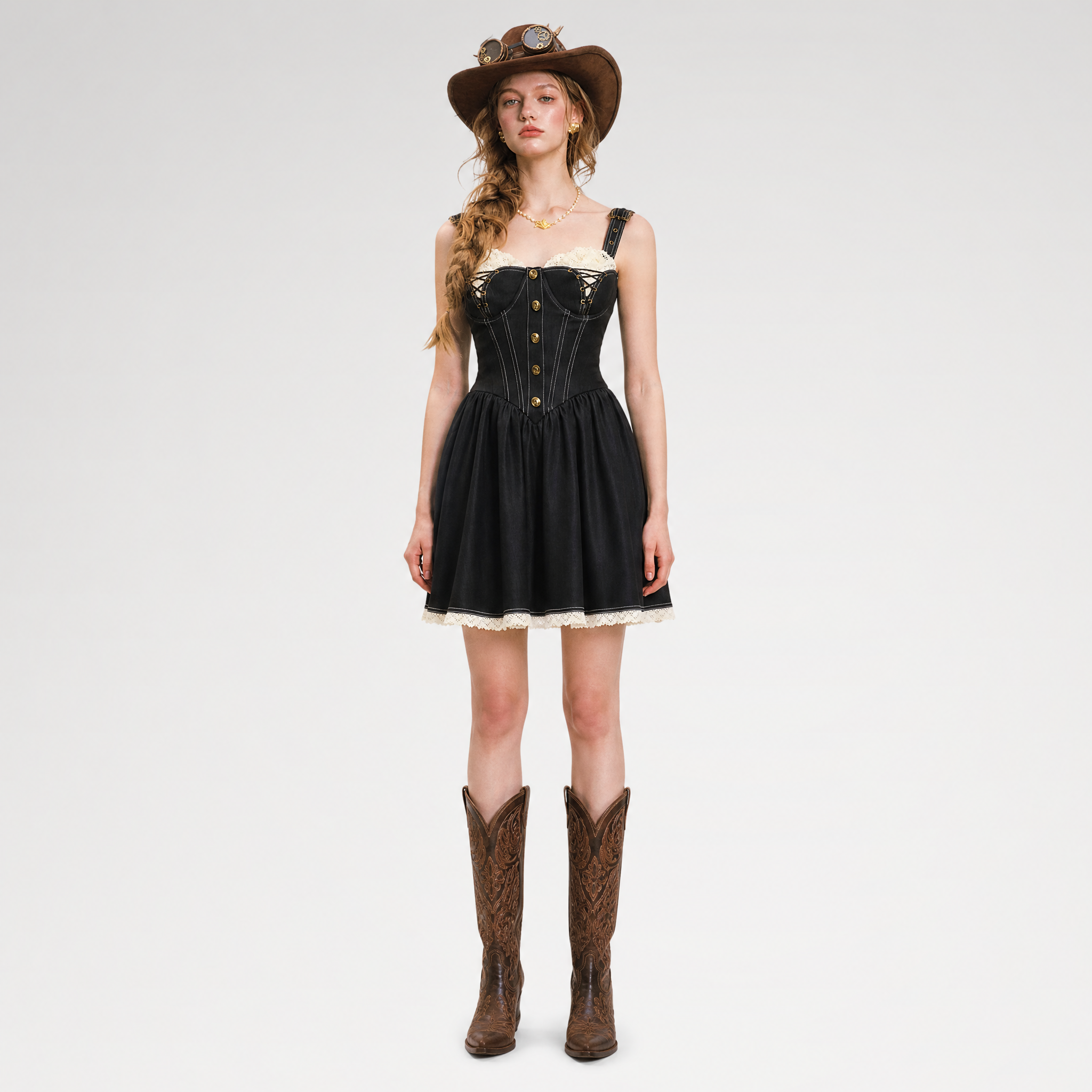 Boned Lace Denim Dress