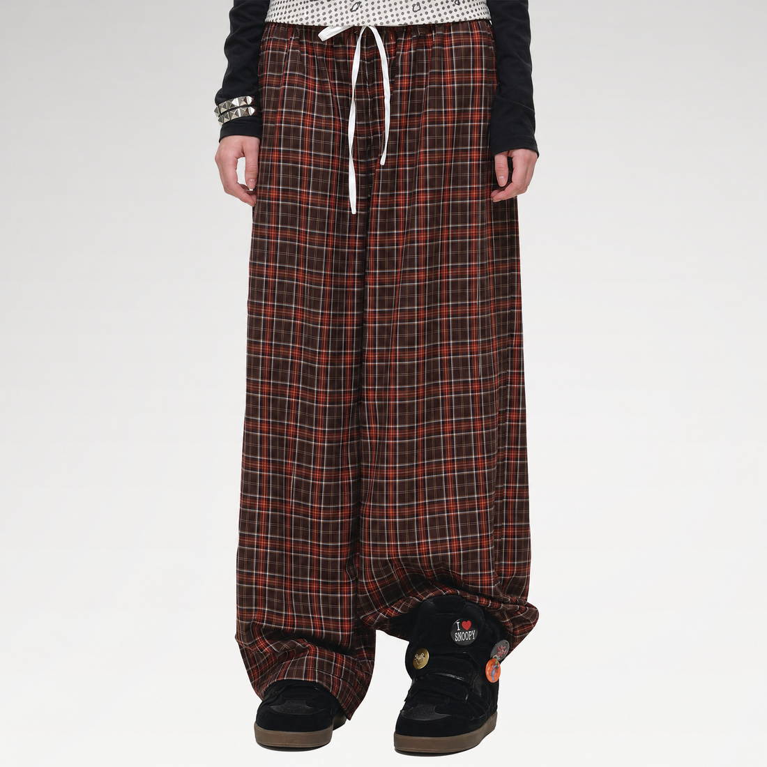 Contrast Plaid Wide-Leg Pants
