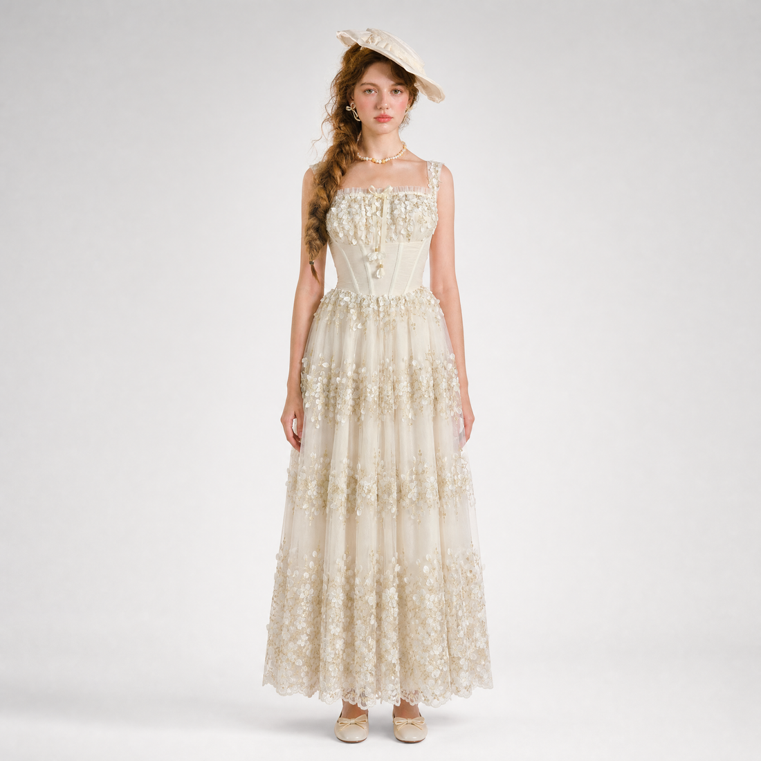 Embroidered Boned Waist Maxi Dress