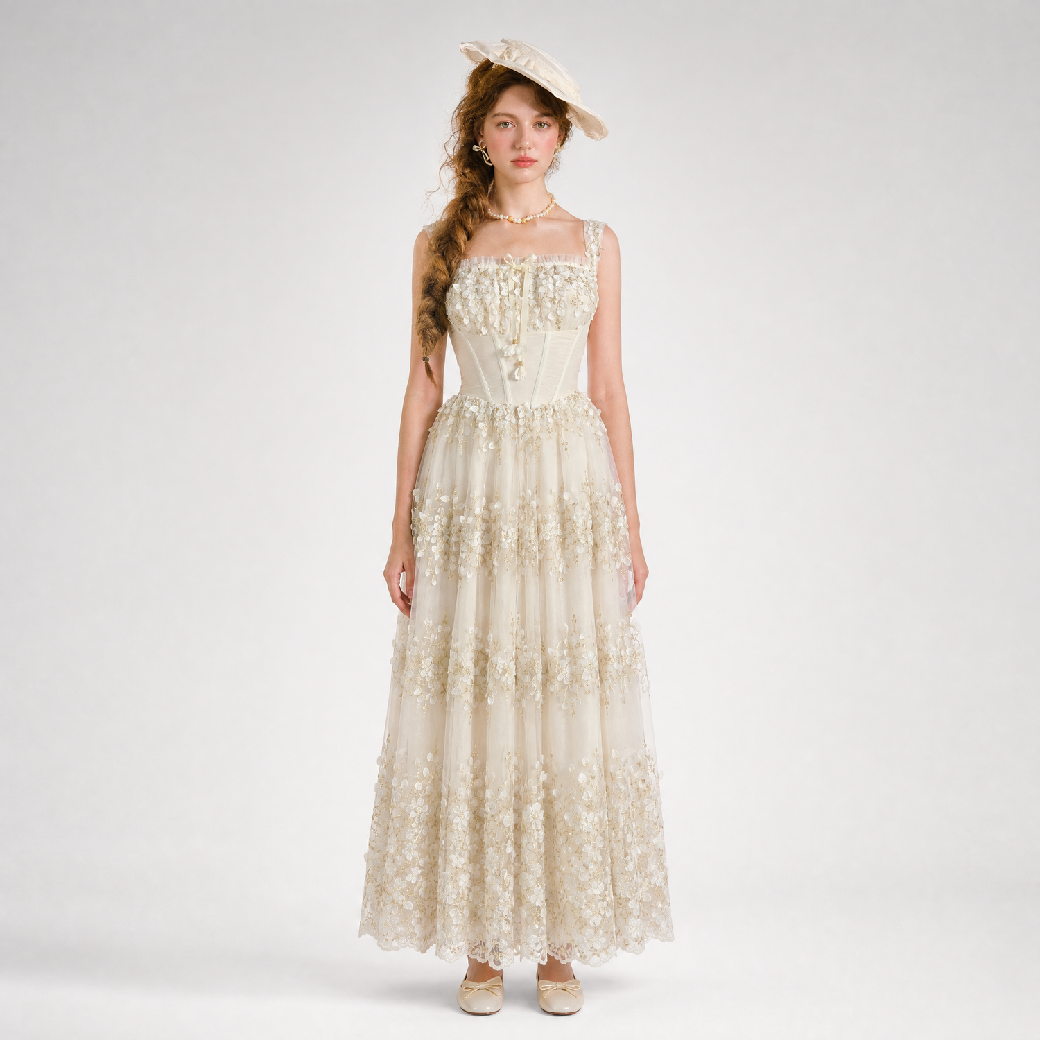 Embroidered Boned Waist Maxi Dress