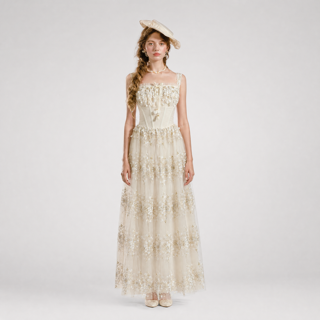Embroidered Boned Waist Maxi Dress