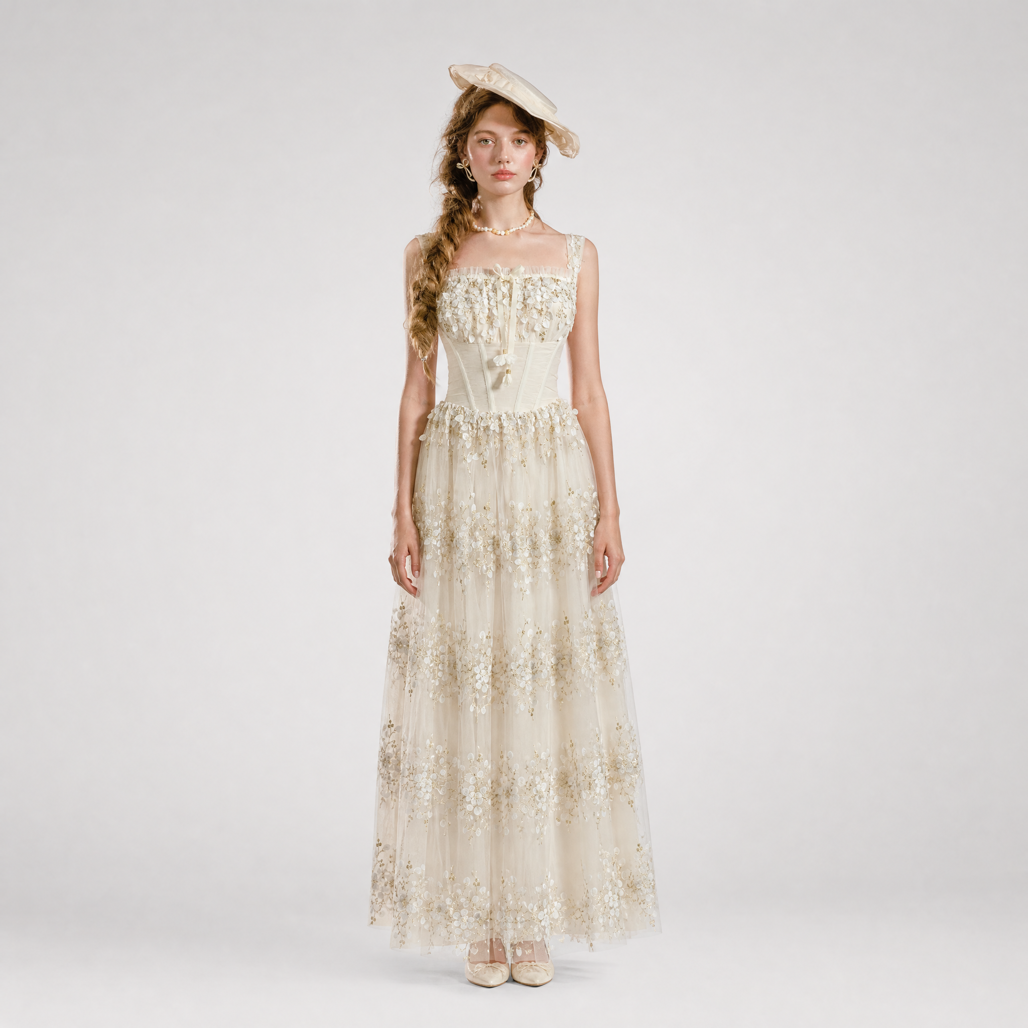 Embroidered Boned Waist Maxi Dress