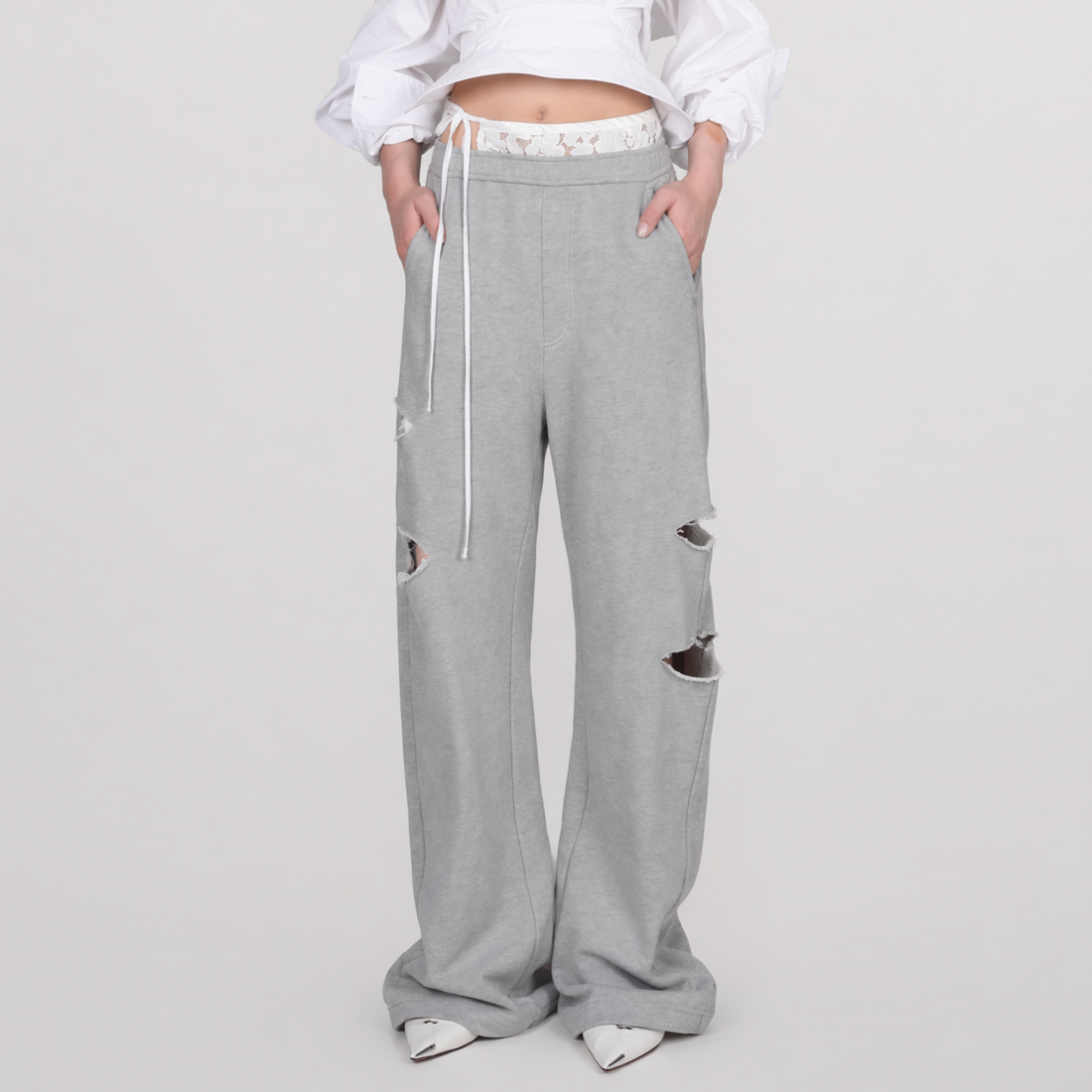 Lace Waist Distressed Pants