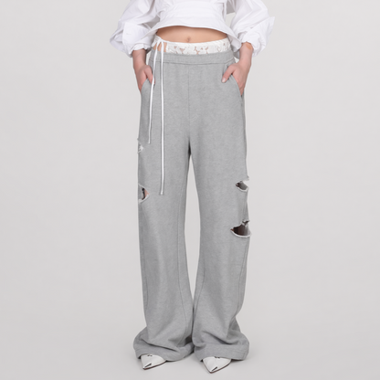Lace Waist Distressed Pants