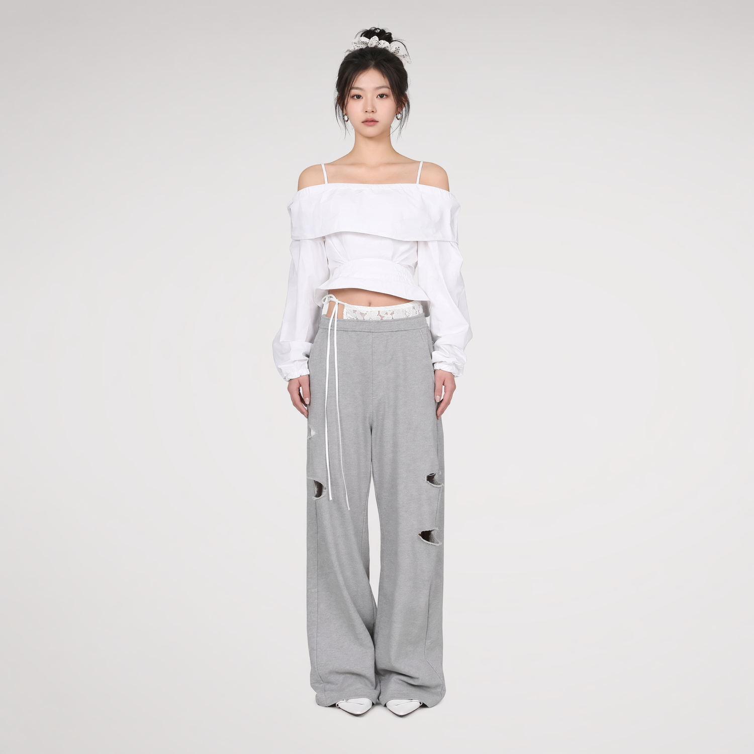 Lace Waist Distressed Pants
