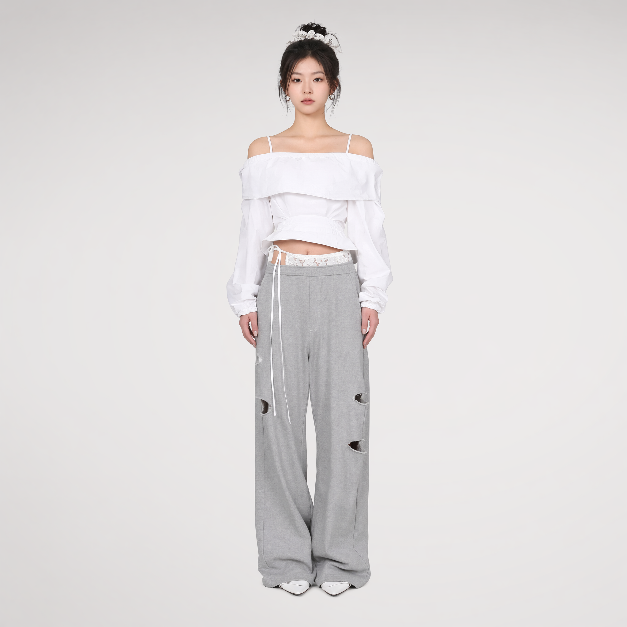 Lace Waist Distressed Pants