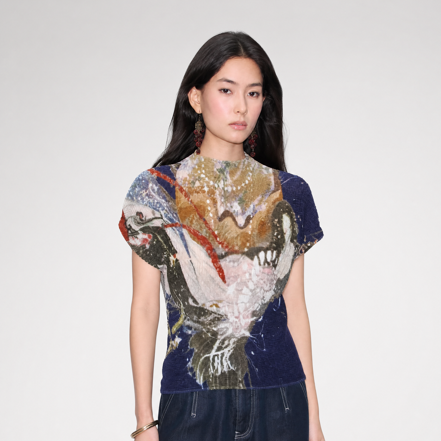 Pleated Stretch Printed T-Shirt
