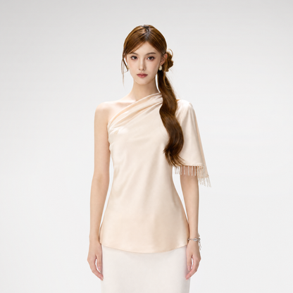 Asymmetric Tassel Satin Top