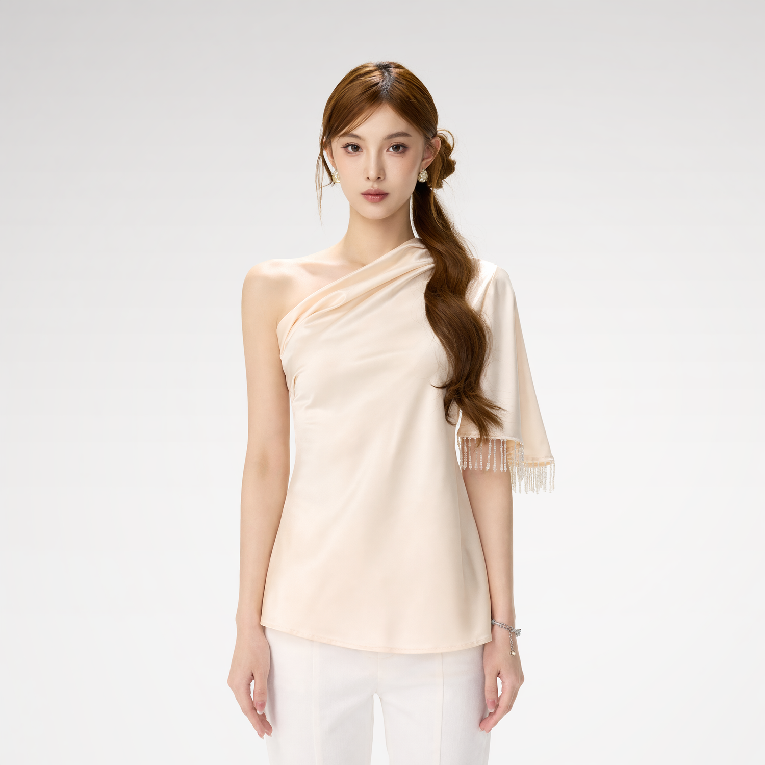 Asymmetric Tassel Satin Top