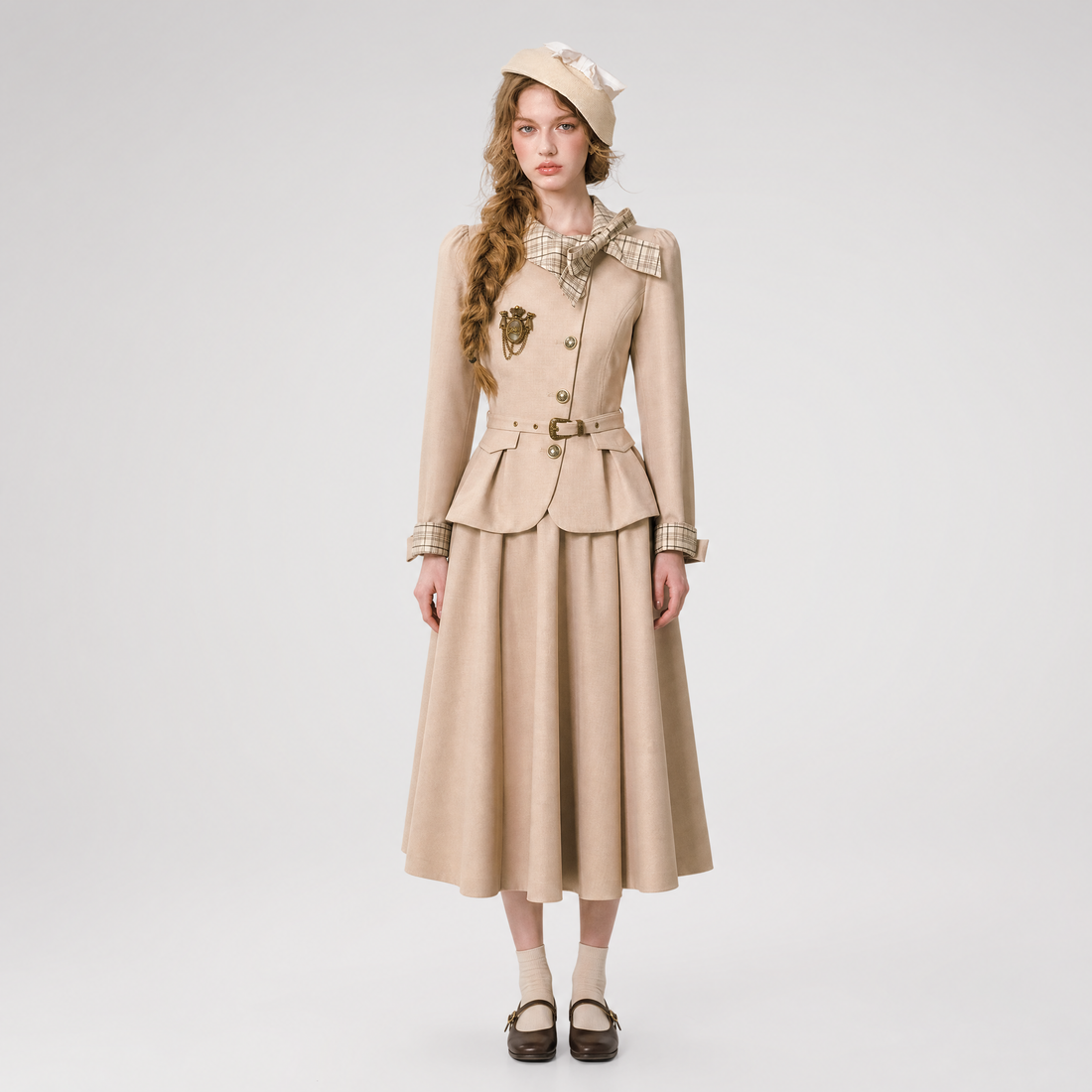 Vintage Belted Trench Skirt Set