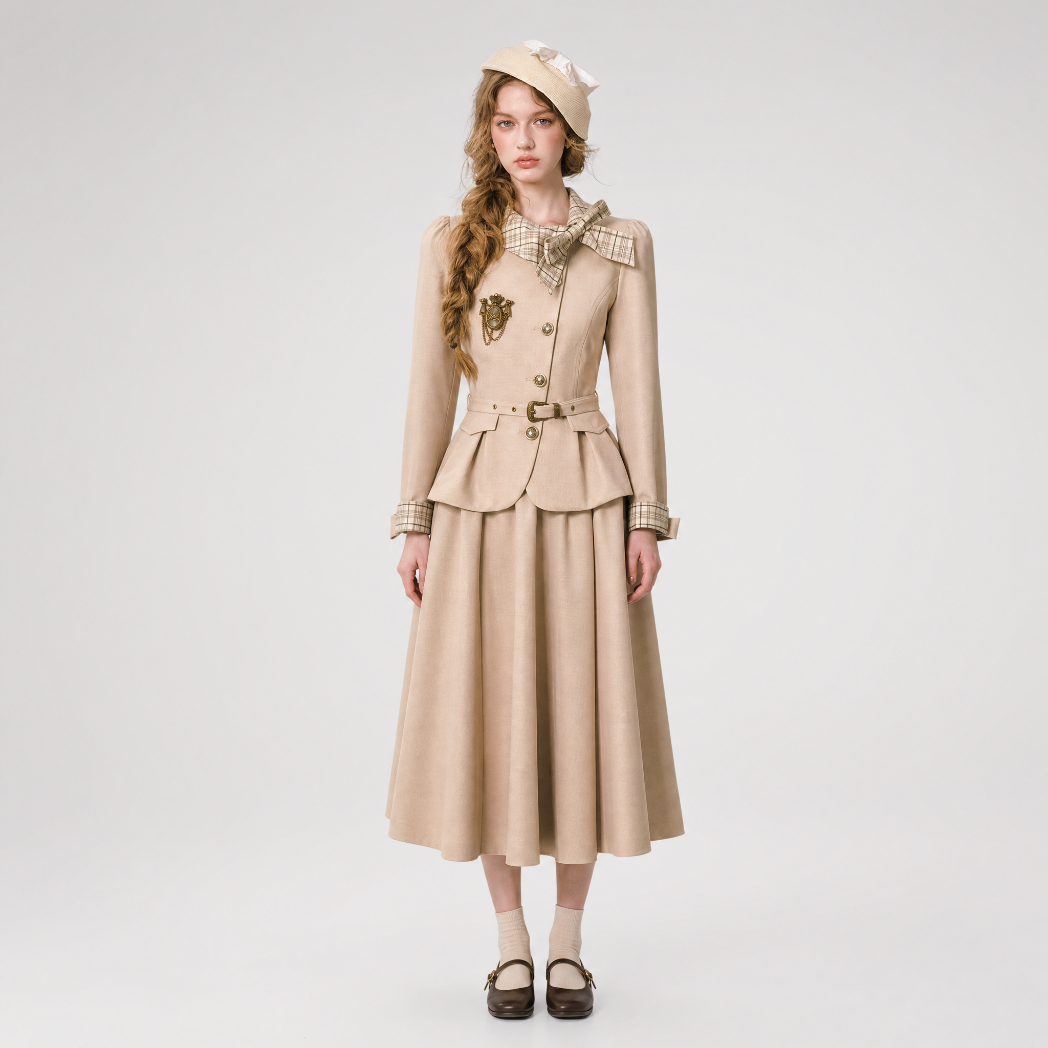Vintage Belted Trench Skirt Set