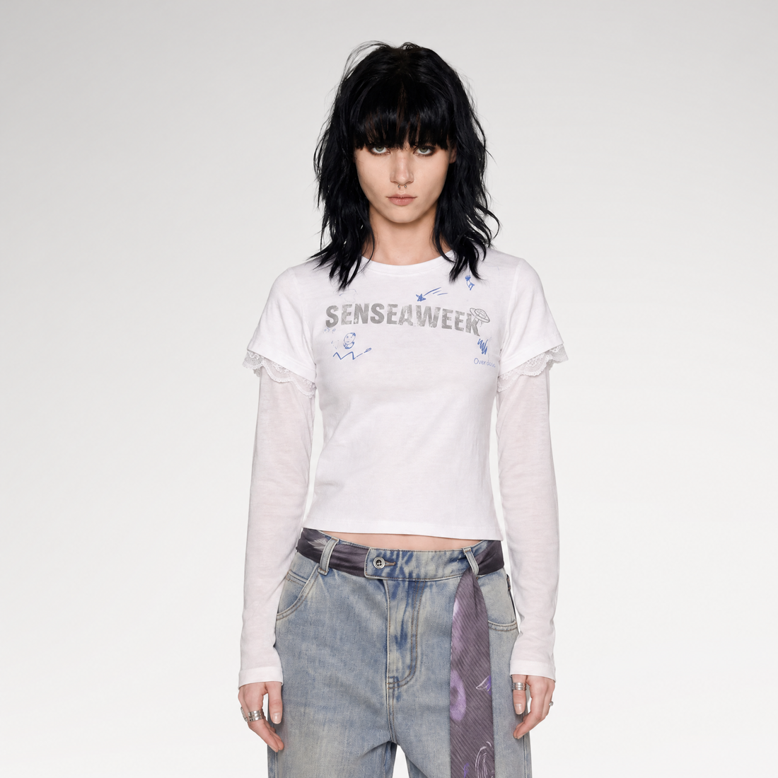 Ribbed Lace Trim Layered T-Shirt