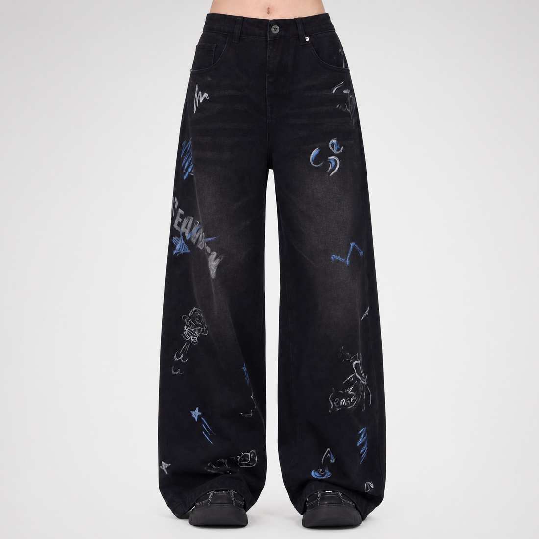 Washed Graffiti Wide-Leg Jeans