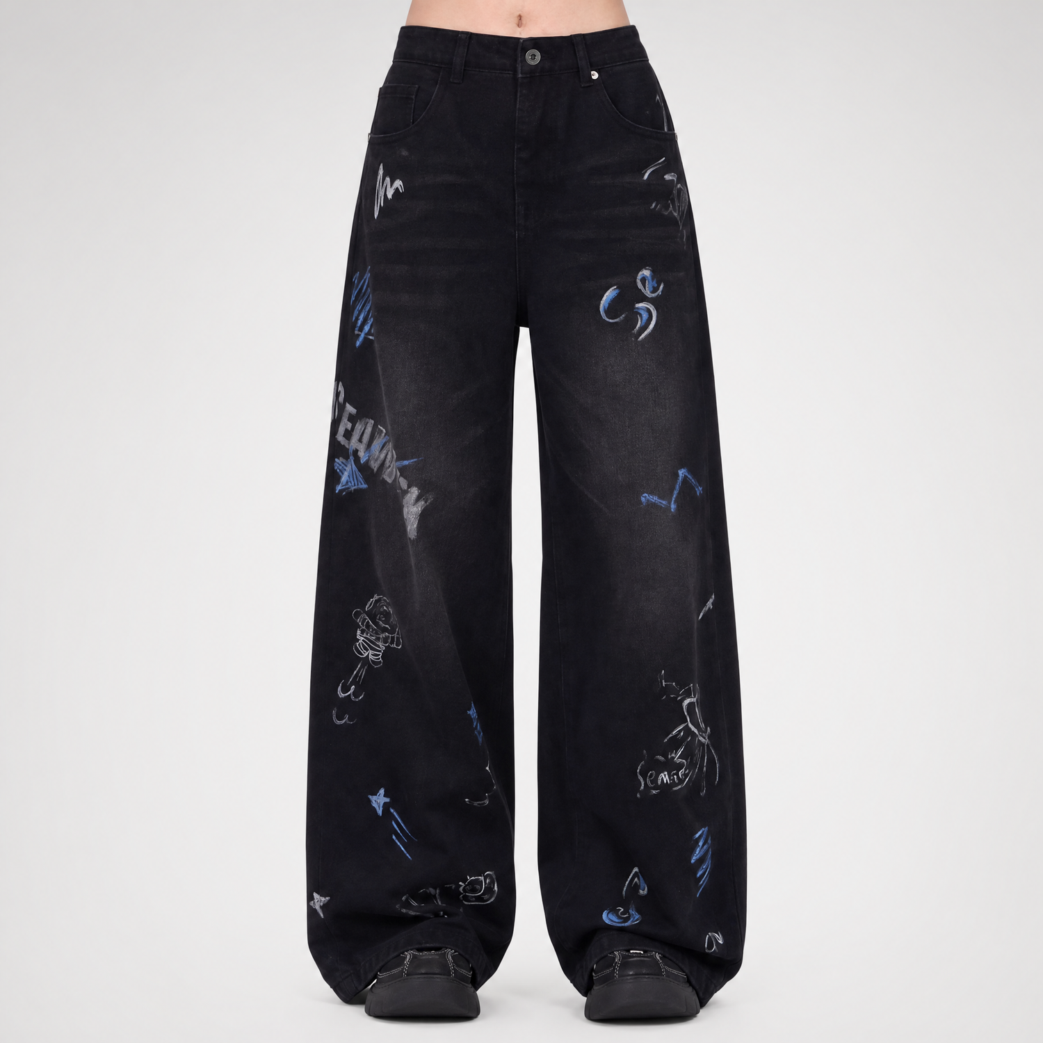 Washed Graffiti Wide-Leg Jeans
