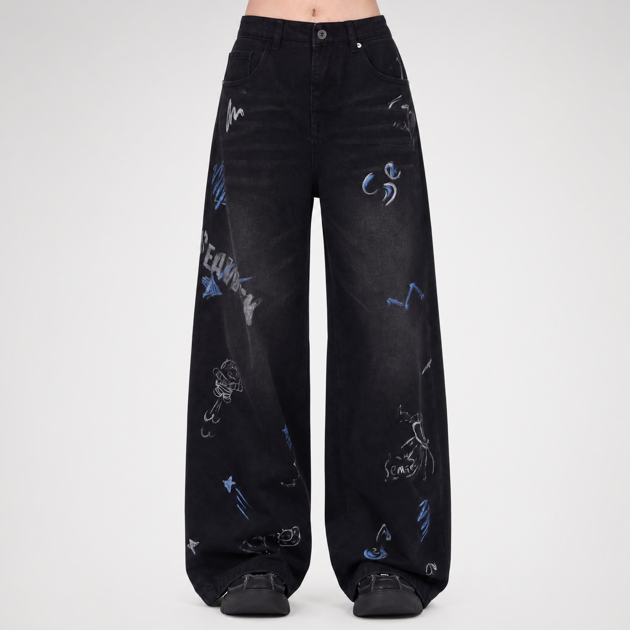 Washed Graffiti Wide-Leg Jeans