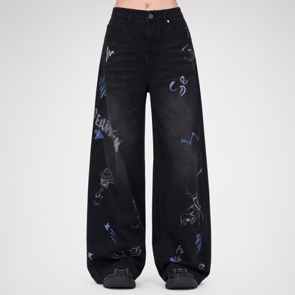 Washed Graffiti Wide-Leg Jeans