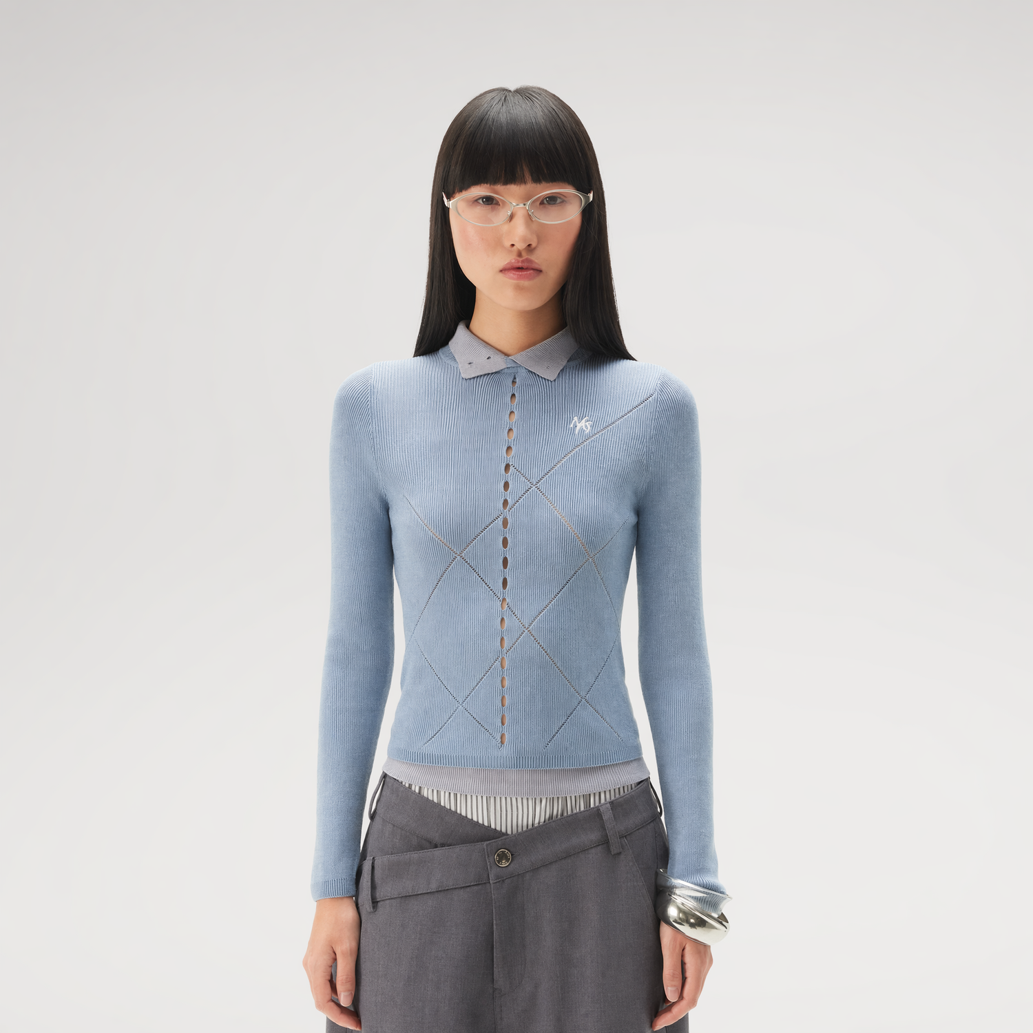 Glossy Openwork Knit Top