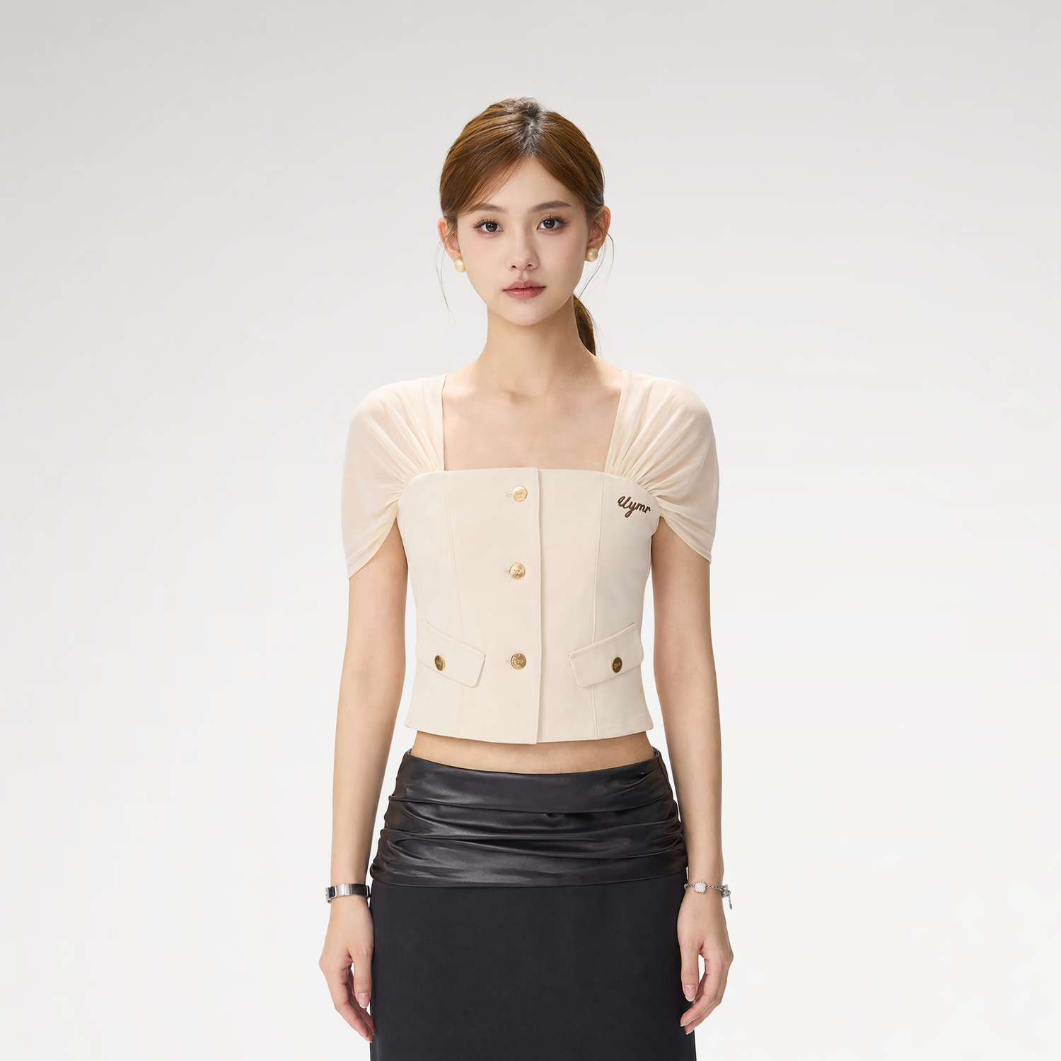 Square Neck Mesh Sleeve Top