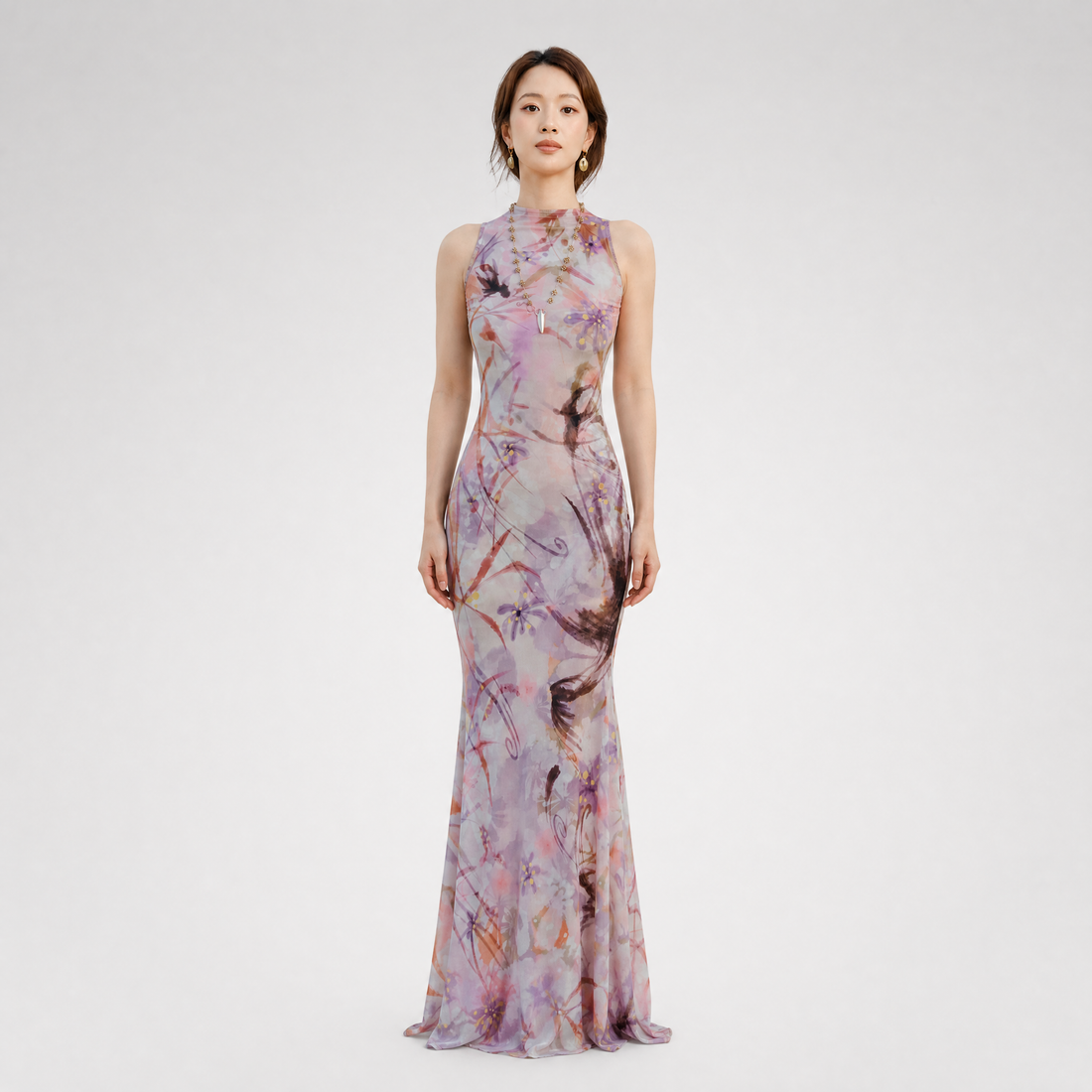Printed Mock Neck Mermaid Dress