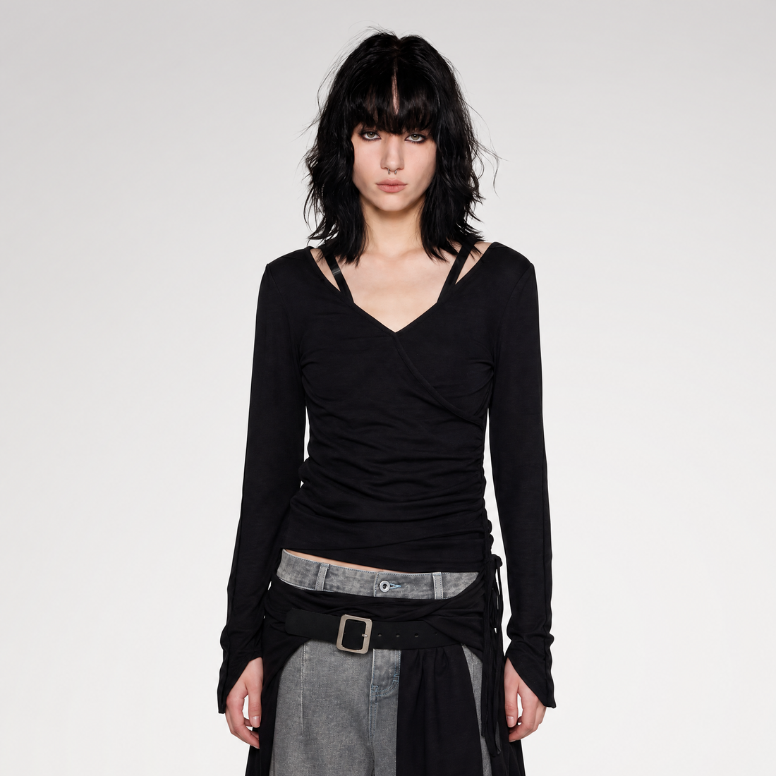 Textured Ruched Slim Long-Sleeve Top