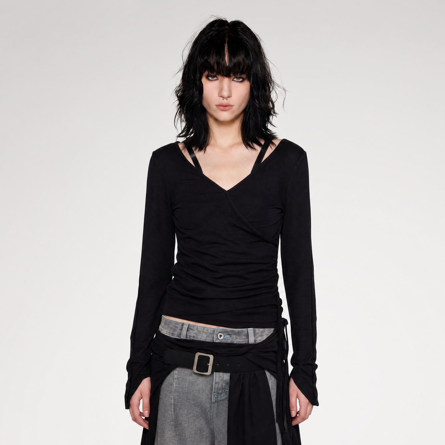 Textured Ruched Slim Long-Sleeve Top