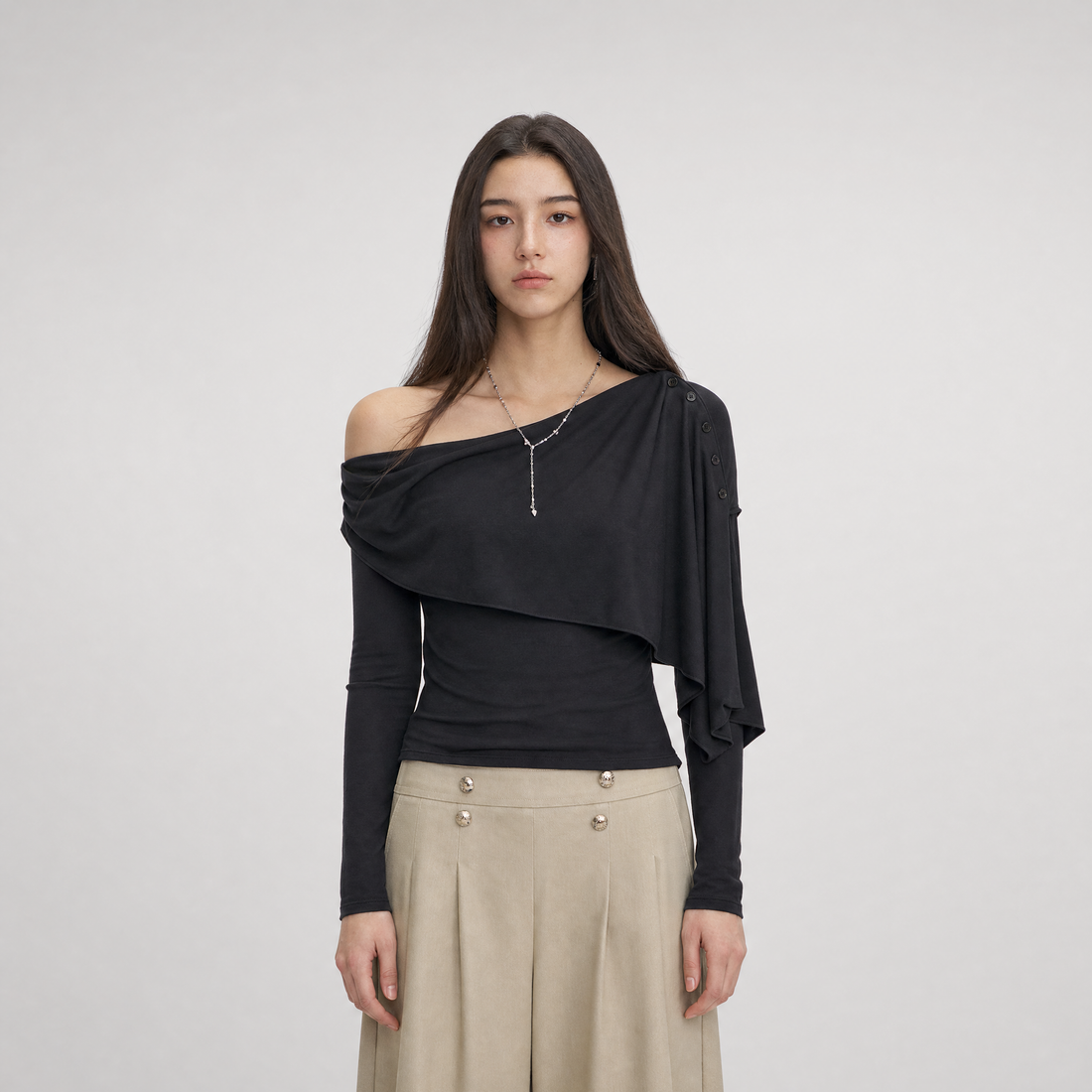 Asymmetrical Button Shoulder Top