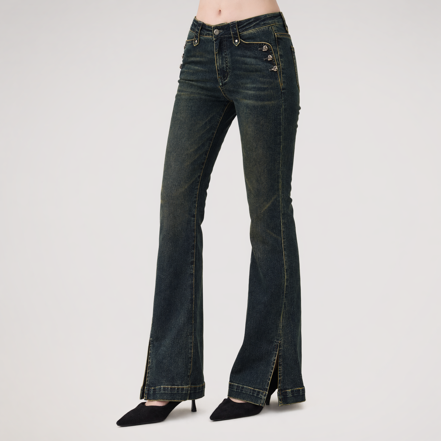 Washed Slit Flare Jeans