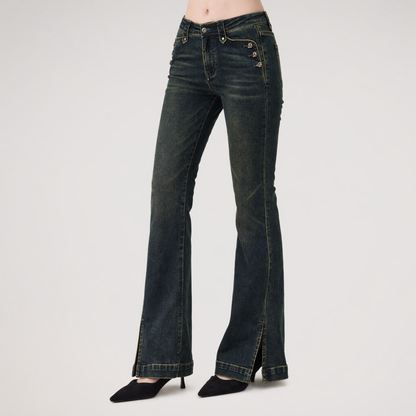 Washed Slit Flare Jeans