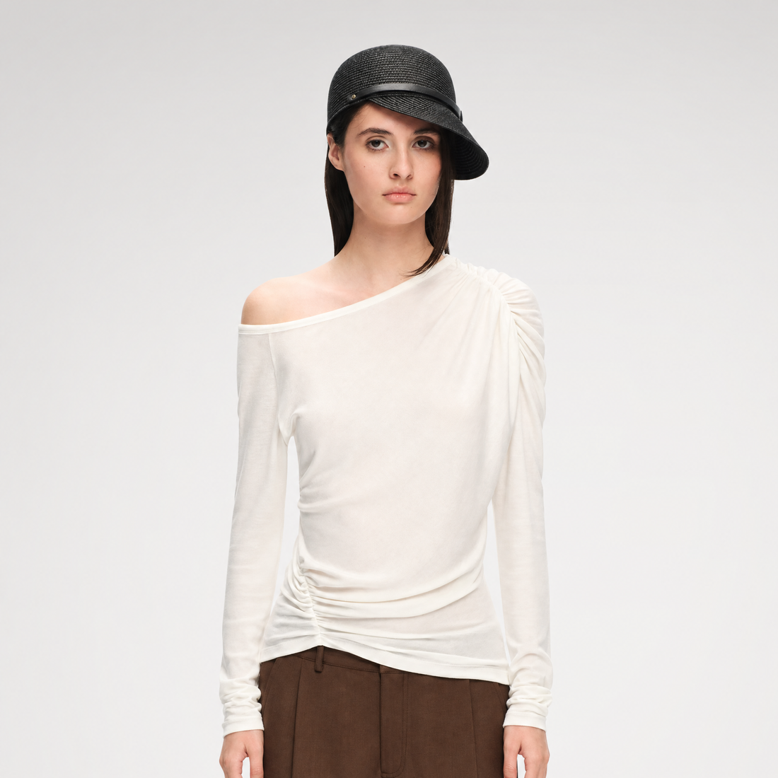 Wool Lyocell Ruched Shoulder Top