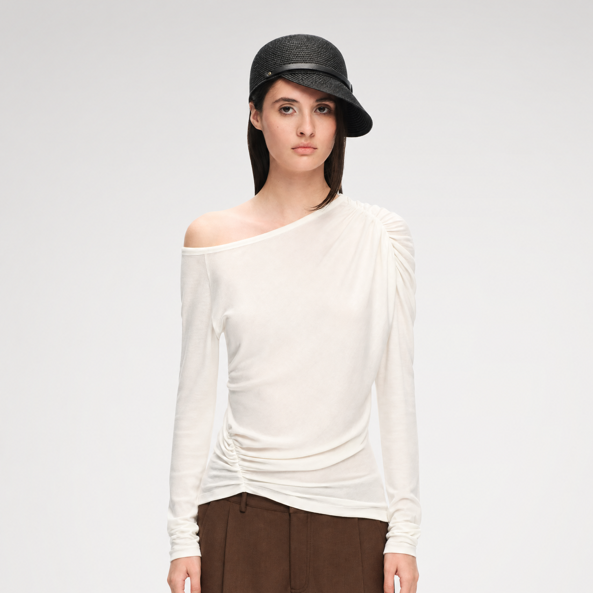 Wool Lyocell Ruched Shoulder Top
