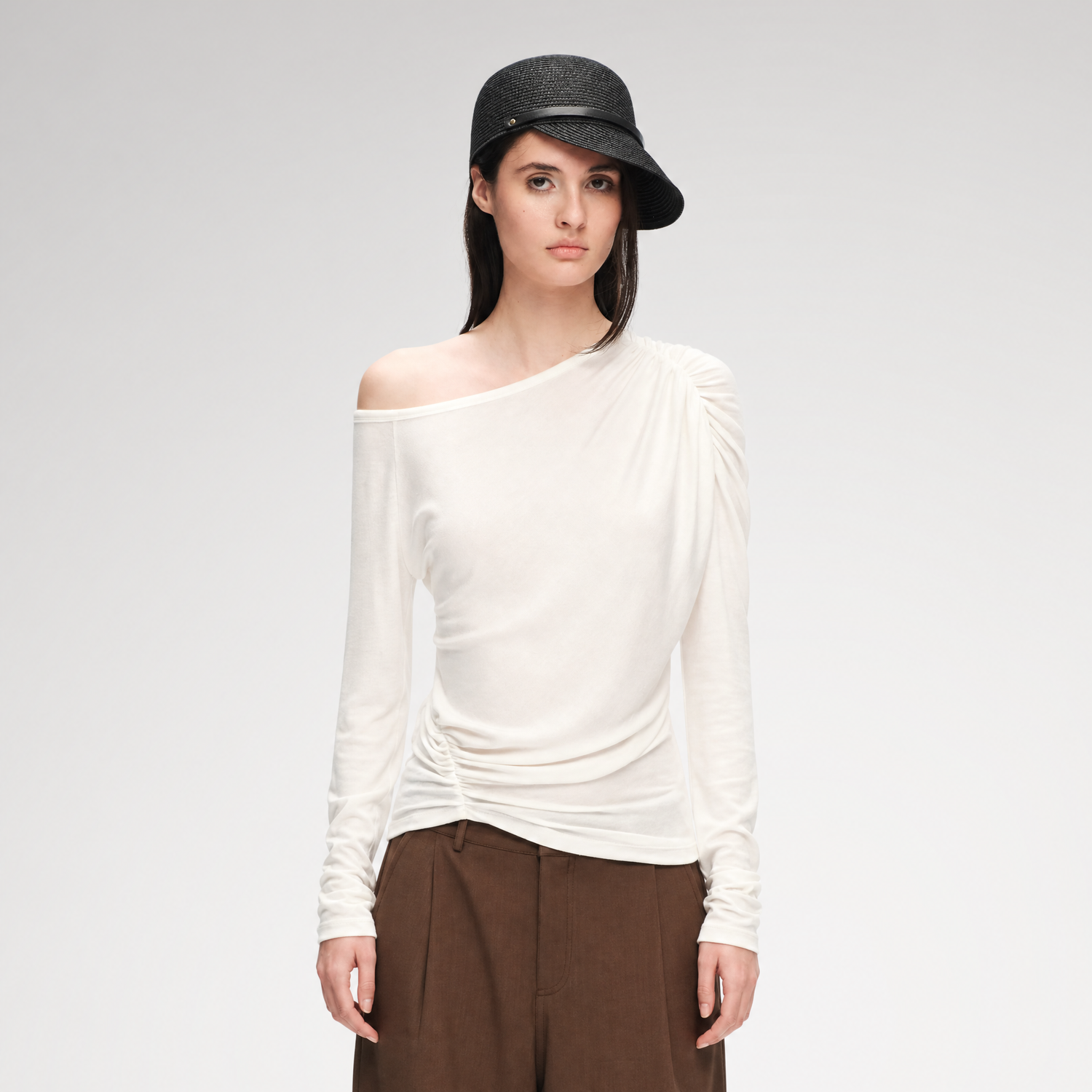 Wool Lyocell Ruched Shoulder Top