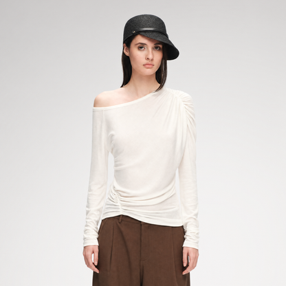 Wool Lyocell Ruched Shoulder Top