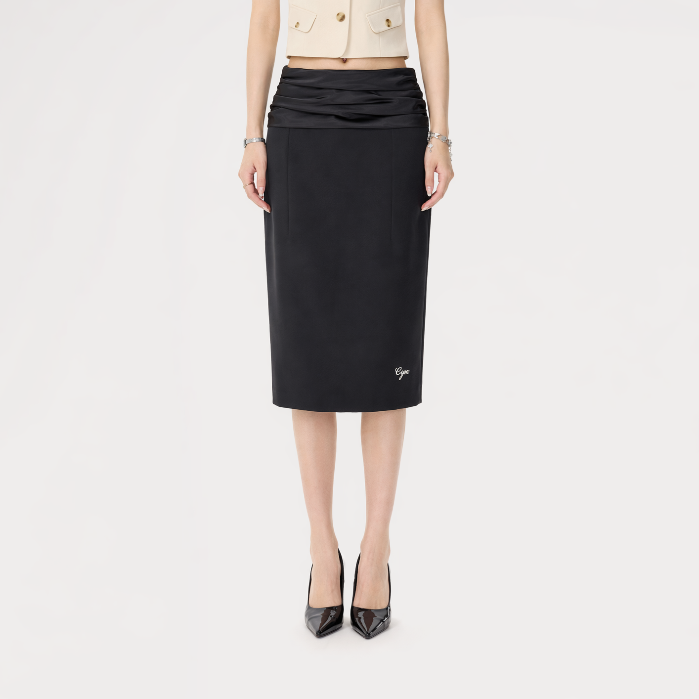 Satin Ruched Midi Skirt
