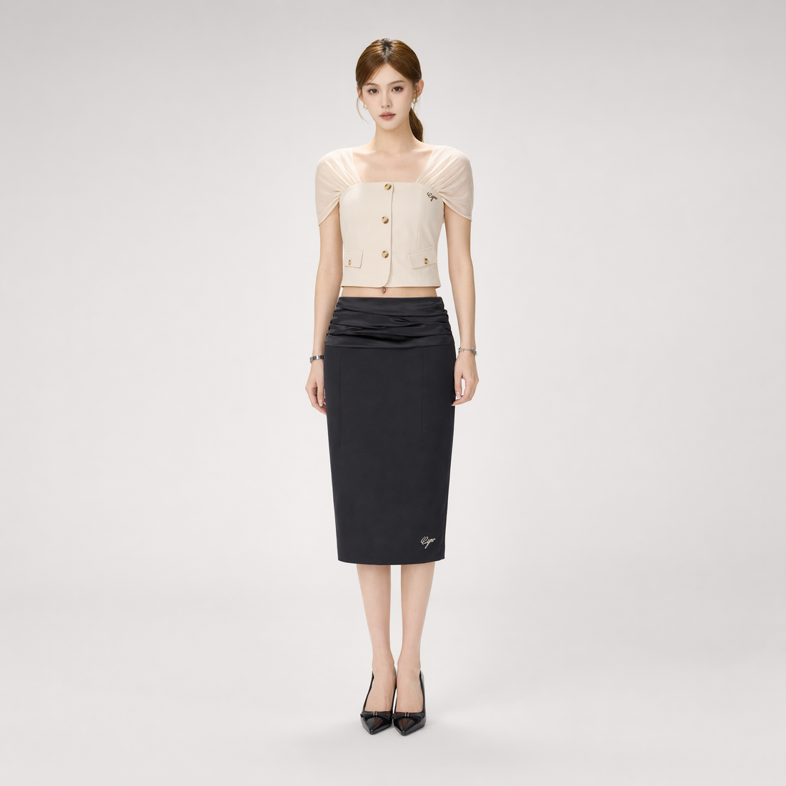 Satin Ruched Midi Skirt
