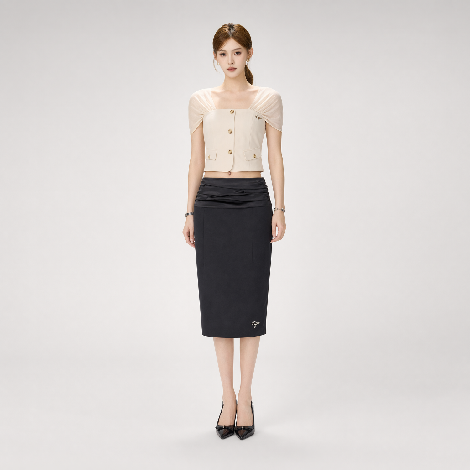 Satin Ruched Midi Skirt