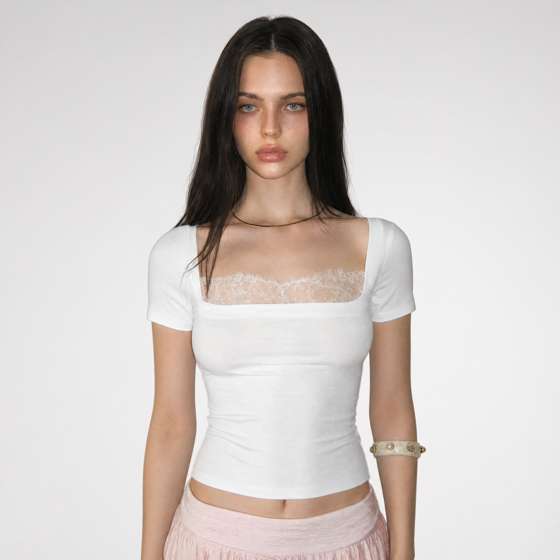 Lace Panel Square Neck T-Shirt