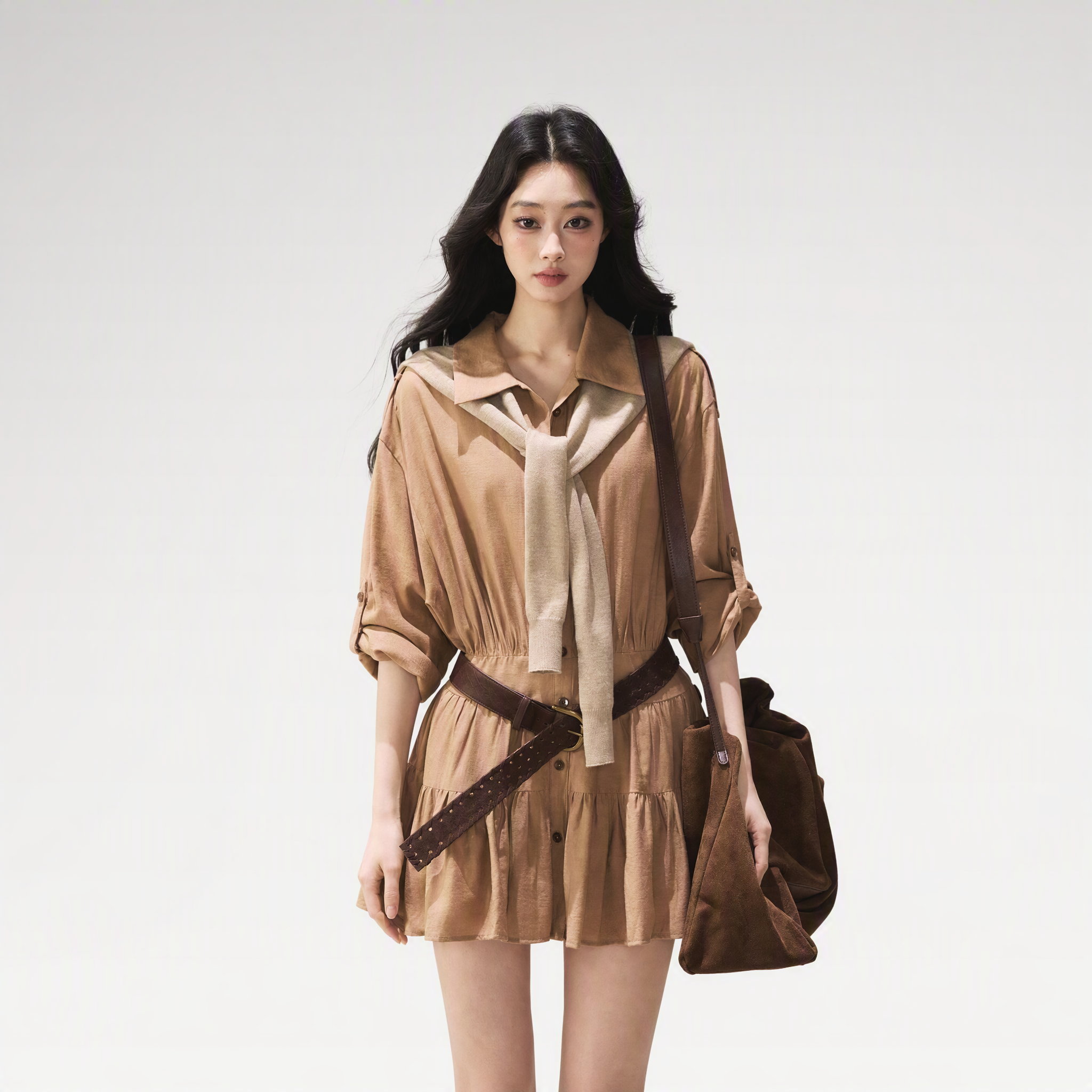 High-Waist Ruffle Shirt Dress
