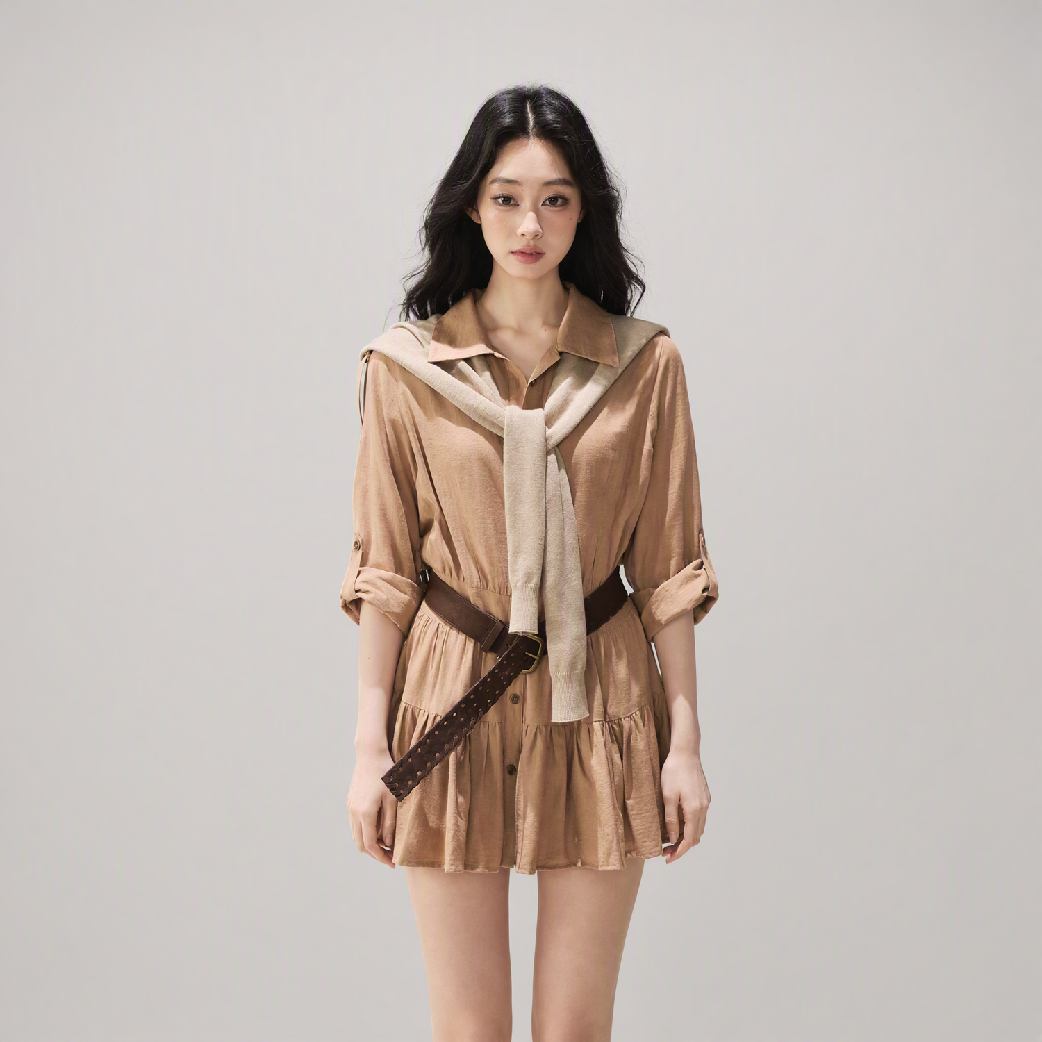 High-Waist Ruffle Shirt Dress