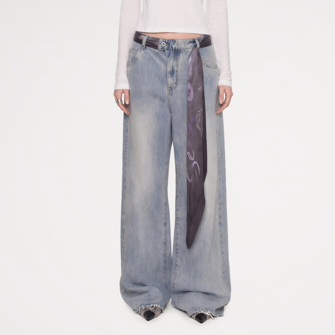Scarf Tie Wide-Leg Jeans